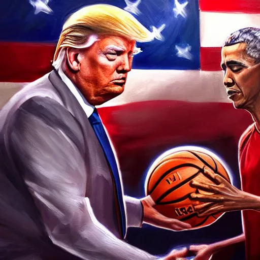 Image similar to highly detailed oil painting of donald trump and barack obama playing basketball artstation sharp focus cinematic lighting