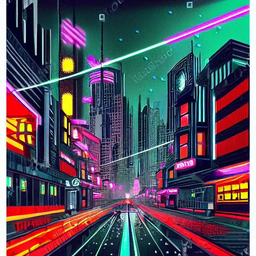 Prompt: art deco style poster of a cyberpunk city that has neon light streets, shimmering rain, and tall buildings up into the dark clouds