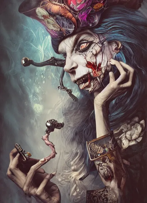 Prompt: Alice in Wonderland,smoking a pipe,death tarot card,highly detailed,half skull face,cinematic,8k,by Stanley Artgermm,Tom Bagshaw,Greg Rutkowski,Carne Griffiths, Ayami Kojima, Beksinski, Giger,trending on DeviantArt,hyper detailed,horror, full of colour