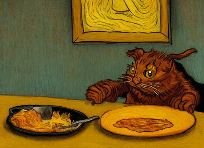 Image similar to detailed realistic painting of garfield eating lasagna at dusk, in the style of vincent van gogh and salvador dali and leonardo da vinci