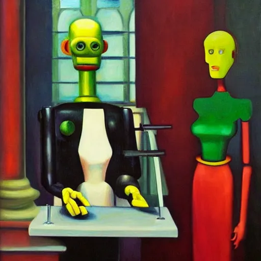 Image similar to judgemental robot butler, dystopian, pj crook, edward hopper, oil on canvas