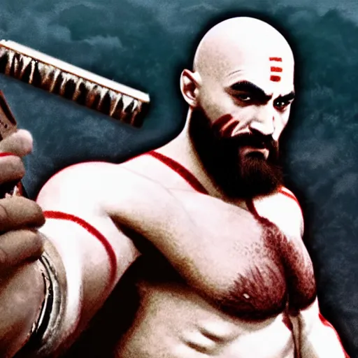 Image similar to kratos taking a selfie after killing zeus in god of war