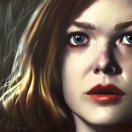 Image similar to ultra realistic portrait painting of elle fanning in resident evil 2 0 0 2, art by frank frazetta, 4 k, ultra realistic, highly detailed, epic lighting