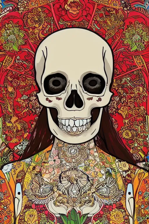 Image similar to skull portrait girl female skeleton illustration detailed patterns art of thai traditional dress, pop art, splash painting, art by geof darrow, ashley wood, alphonse mucha, makoto shinkai