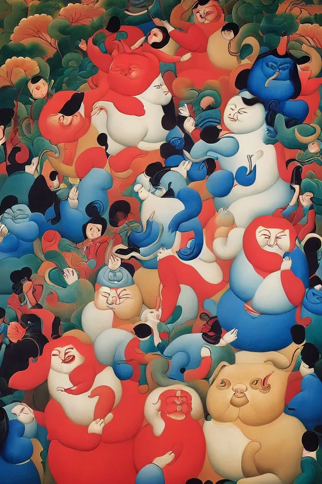Prompt: painting animal puppet groove is in the heart, we're going to dance and have some fun, painted by james jean and fernando botero in chinese style