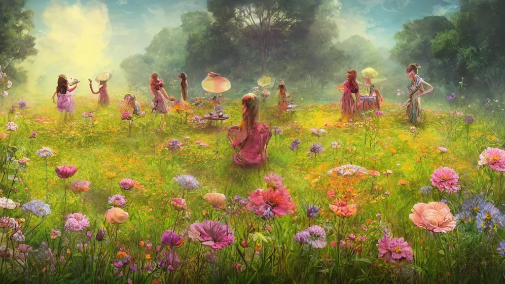 Image similar to a tea party in a field of flowers that ravages the landscape of an ancient civilization. by Ciryl Rolando, hyperrealistic illustration, digital art, studio lightning, art station