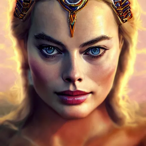 Prompt: margot robbie as a beautiful Greek goddess in the sky, highly detailed, sexy look, detailed face, digital art, trending on artstation