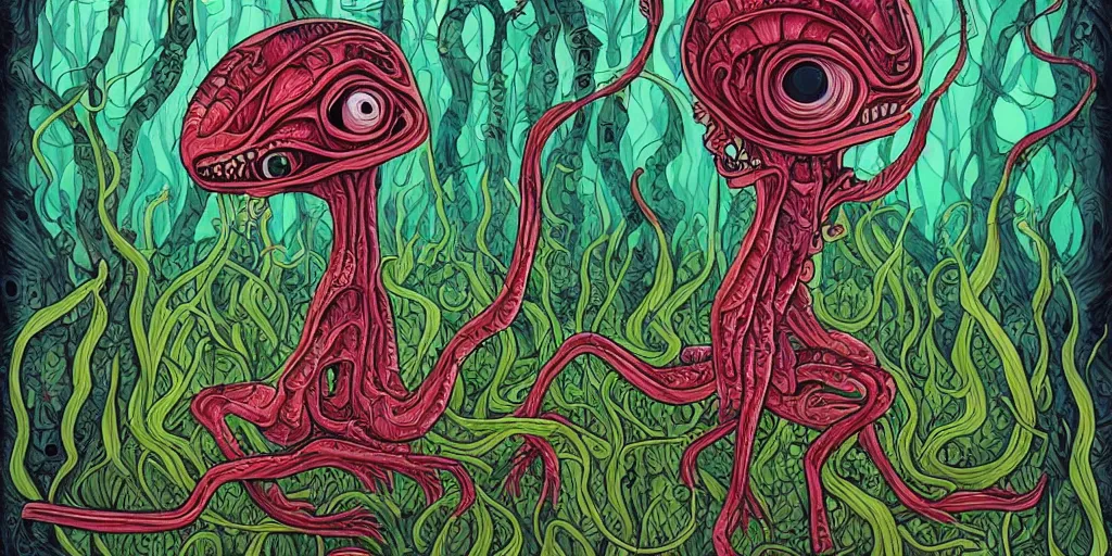 Image similar to extremely disturbing alien creature crawling through a swamp, created by Jeremiah Ketner