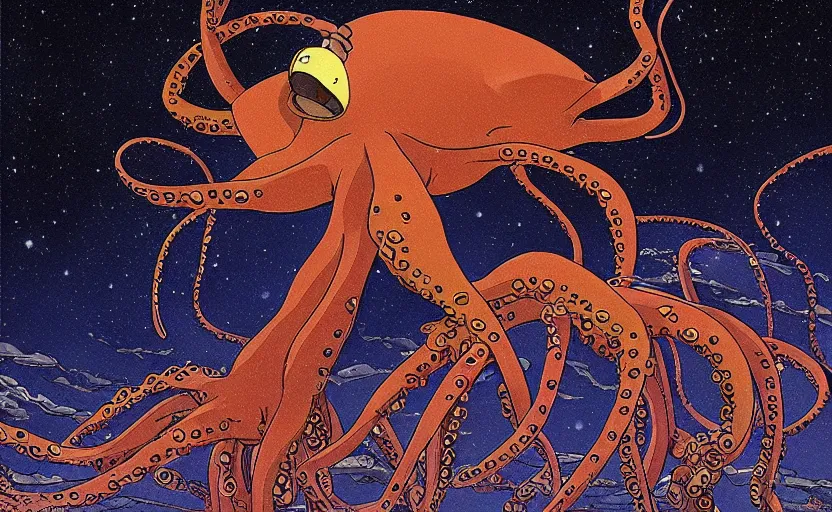Prompt: a realistic cell - shaded studio ghibli concept art from paprika ( 2 0 0 6 ) of a flying multi - colored octopus from close encounters of the third kind ( 1 9 7 7 ) and a dimensional portal to another world above a flooded puma punku on a misty starry night. very dull colors, wide shot, hd, 4 k, hq