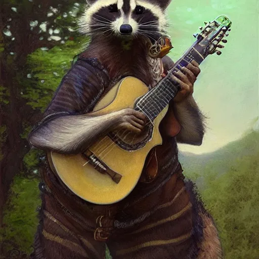 Prompt: racoon bard wearing green tunic holding guitar closeup portrait art by donato giancola and greg rutkowski, vintage retro, realistic face, digital art, trending on artstation, symmetry!!