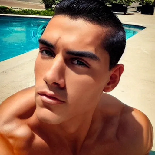 Image similar to “a realistic detailed photo of a handsome guy who is named Rey Garza a fitness model, frozen like a statue, with shiny skin, by a pool, on display, half humanoid, half robot, blank stare”
