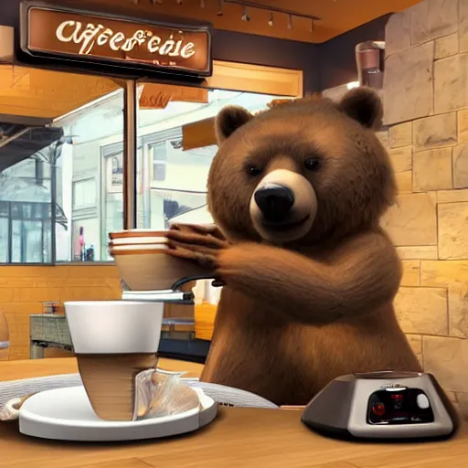 Prompt: a realistic photo of a bear making coffee in a coffee shop