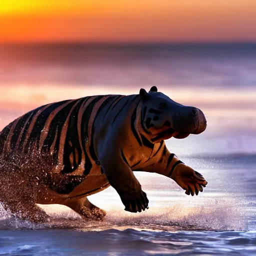 Image similar to a closeup photorealistic photograph of a cute tiger hippo playing volleyball at the beach during sunset. Surf in the background. This 4K HD image is Trending on Artstation, featured on Behance, well-rendered, extra crisp, features intricate detail and the style of Unreal Engine.