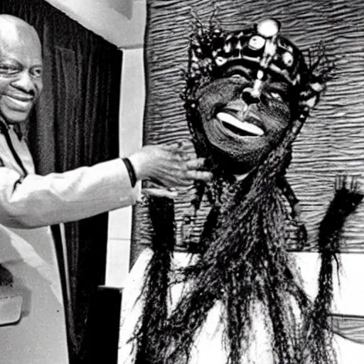 Image similar to sun ra shaking hands with a giant humanoid hairy spider