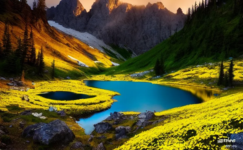 Prompt: photo of epic alpine lake landscape in spring, first light, small amount of yellow flowers, cinematic, cinematic, art by michael shainblum,