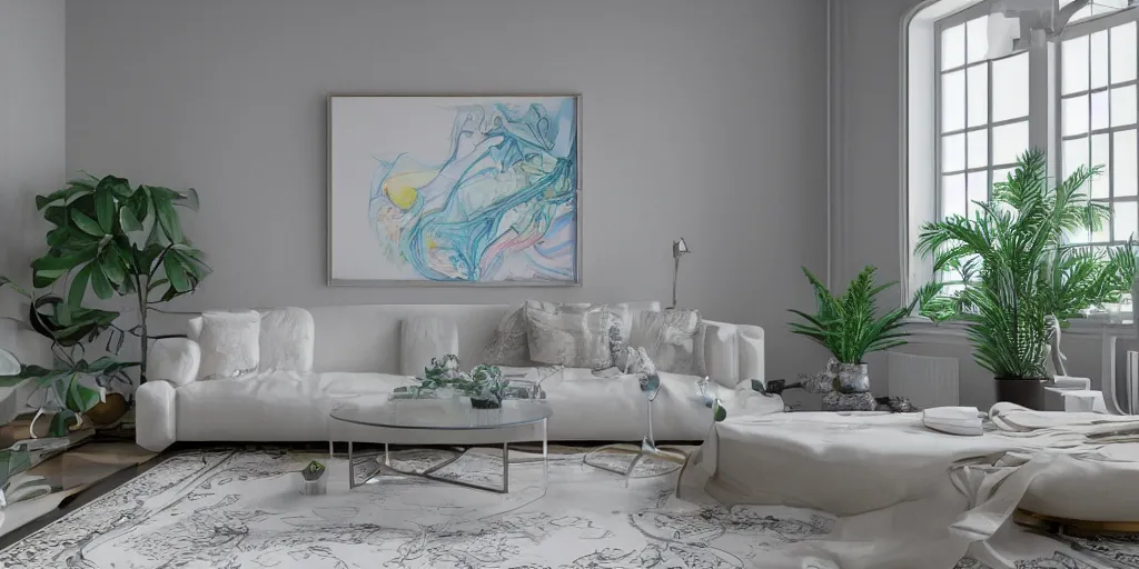 Prompt: a modern indoor room, clean architecture, pastel colored, baroque, a couch, a couch table, some fresh plants, surounded a hiper detailed inkdrop in water, intricate detailed 3 d render, hyper realistic intricate acrilic fluid art, elegant, intense colors, wide shot, octane render, concept art, daylight, peaceful, 8 k