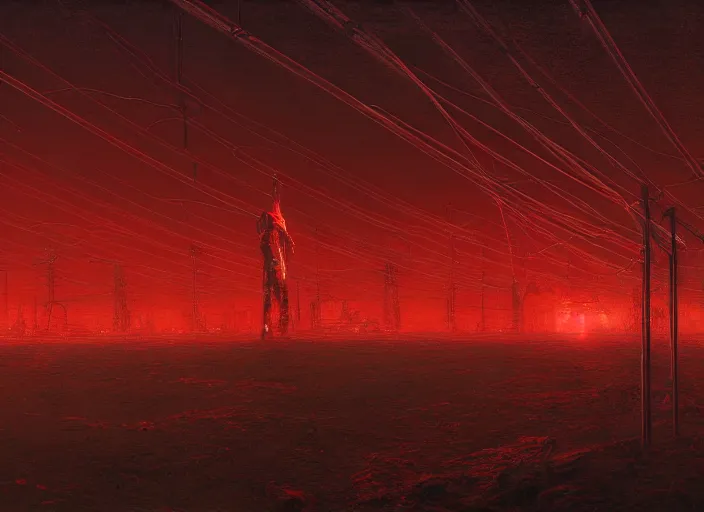 Prompt: Landscape, neon, red, glowing, wires everywhere, by Edgar Maxence and Ross Tran, Zdzisław Beksiński, and Michael Whelan, distant, gustav dore, H.R. Giger, 8k, octane render