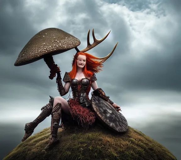 Image similar to a photo of an armored woman warrior redhead with antlers sitting on a giant mushroom that covers a whole village and reaches above the clouds by luis royo. intricate. lifelike. soft light. sony a 7 r iv 5 5 mm. cinematic post - processing