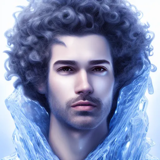 Prompt: award winning commission portrait of a man made of ice with curly hair,ice cracks.Digital art,hyperdetailed,detailed fa e,ross tran,character design by charles bowater,deviantart,artstation,photorealistic,4k