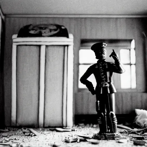 Image similar to toy soldier civil war inside abandoned dollhouse, 35mm grainy film photography