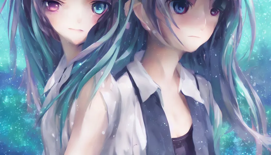 Image similar to cute anime girl by wlop, detailed eyes, heterochromia, bright detailed eyes, full body shot, ground up angle, posing, happy expression, short minidress, light clothing, light rain, hyper real, detailed digital art, hatsune miku, photorealistic