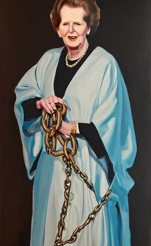 Image similar to an oil portrait of margaret thatcher in ceremonial robe keeping chained distressed servals at her feet, high quality, artstation, higly detailed, dark lighting