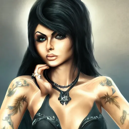 Image similar to portait of haifa wehbe loup garou style, long hair centred, hd, very detailed curve, unreal engine, final fantasy style, amazing background, rending artstation