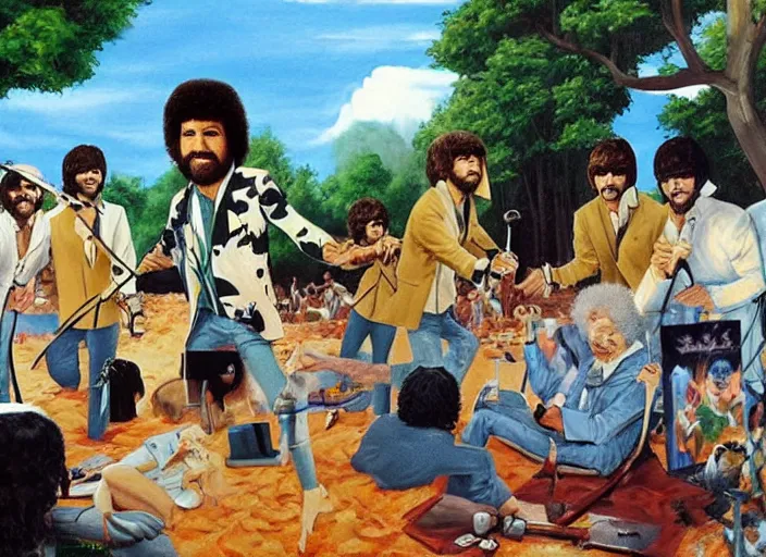 Image similar to bob ross painting a scene of the beatles and the beach boys having a battle of the bands in hades