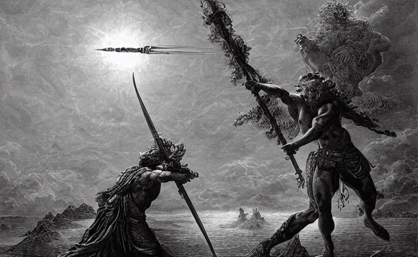 Image similar to highly detailed and cinematic romantic the great greek warrior with a spear piercing the edge of the universe from the book of the long sun by gene wolfe, highly detailed painting by gustave dore