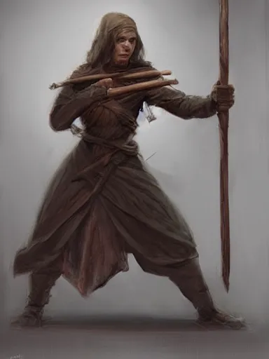 Image similar to a master a wooden quarterstaff in a desperate posture ready to fight. cornered by enemies. intricate, elegant, highly detailed, digital painting, artstation, concept art, sharp focus, illustration, by justin gerard and artgerm, 8 k