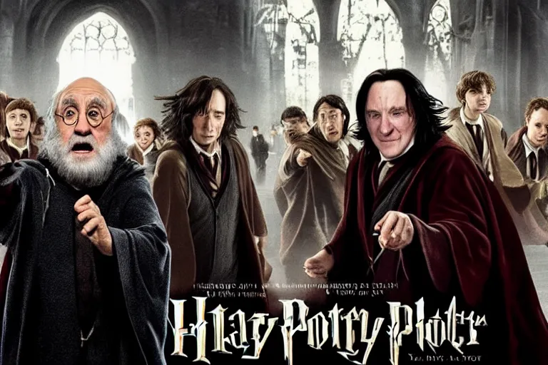 Prompt: Movie poster for Harry Potter with Danny DeVito as Albus Dumbledore and Keanu Reeves as Severus Snape