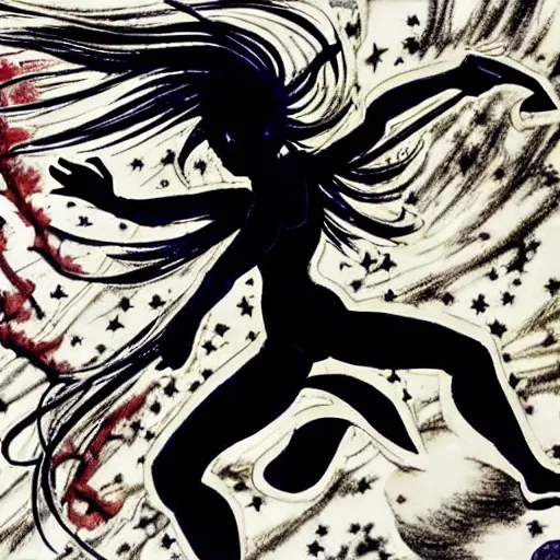 Image similar to it's an anime drawing by takeshi obata, it depicts a woman, lithe and graceful, leaping through the air, with a dozen swords, spinning, flying, and exploding all around her. in the background, the night sky is dark, filled with stars, and the moon is out, shining bright.