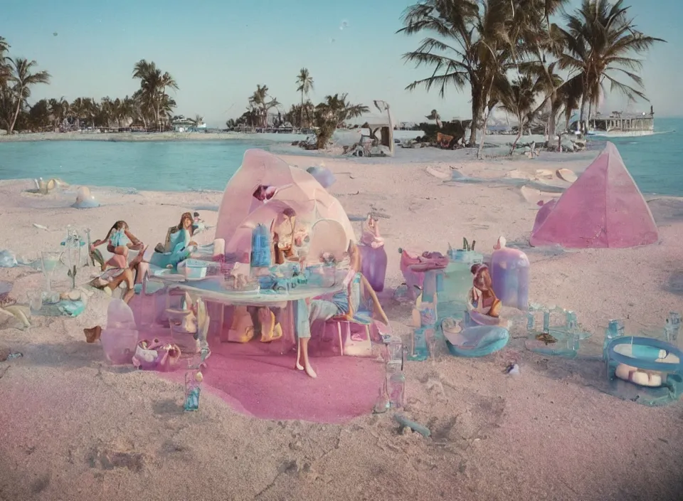 Prompt: a pastel coloured vintage family holiday photo of an empty beach from an alien dreamstate world with chalky pink iridescent!! sand, reflective lavender ocean water, dim bioluminescent plant life and an igloo shaped plastic transparent restaurant surrounded by some holiday clutter opposite a pit with an iridescent blue flame flickering. glare. refraction, volumetric light.