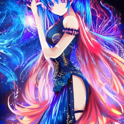 Image similar to a teenage anime girl wearing a very high intricate detailed dress made out of blue fire , full body, very long black/red hair, left eye is yellow and right eye is blue, heterochromatic eyes, intense stare, dress made out of blue fire, cinematic lighting, medium shot, MCU, trending on artstation, CSP, Photoshop, WLOP, Rossdraws, James Jean, Andrei Riabovitchev, Marc Simonetti, Anastasia Ovchinnikova, Véronique Meignaud, BEN MAIER and Sakimichan