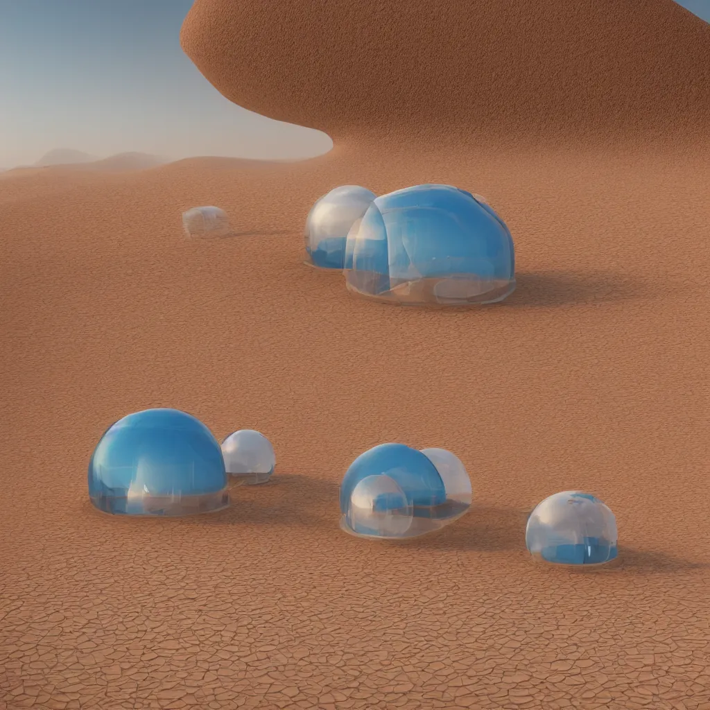 Prompt: Hyper realistic, inflatable bubble house made of glass full of sand on mars, Hyper realistic, tent architecture, organic architecture, ultra wide shot, Future design, architecture design, environment, morning light, foggy, Cinematography, mega scans,cinematic, a hybrid tech design, hyper realistic,photo real, cinematic composition, highly detailed, extremely realistic, Vray, corona render,