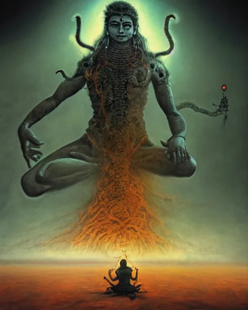 Prompt: One many-armed Shiva sitting in dansing. Nuclear explosion on the background. Dark colors, high detail, hyperrealism, horror art, masterpiece, close-up, zoom, concept art, octane render, biopunk, body-horror, solo, macrophoto, art by Yoshitaka Amano, Greg Broadmore, Beksinski, Rembrandt