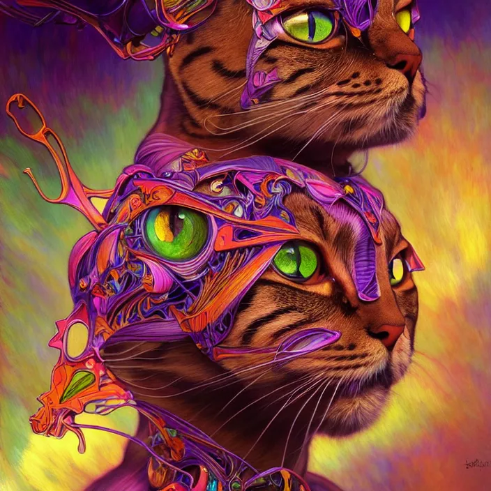 Image similar to bright psychedelic portrait of organic cat cyborg, wings, diffuse lighting, fantasy, intricate, elegant, highly detailed, lifelike, photorealistic, digital painting, artstation, illustration, concept art, smooth, sharp focus, art by John Collier and Albert Aublet and Krenz Cushart and Artem Demura and Alphonse Mucha