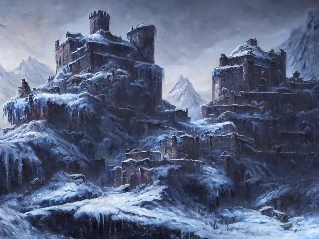 Prompt: abandoned stone fortress nestled in ice and snowy peaked mountains, foreboding, fantasy, large environment, detailed render in 4 7 s by greg rutkowski