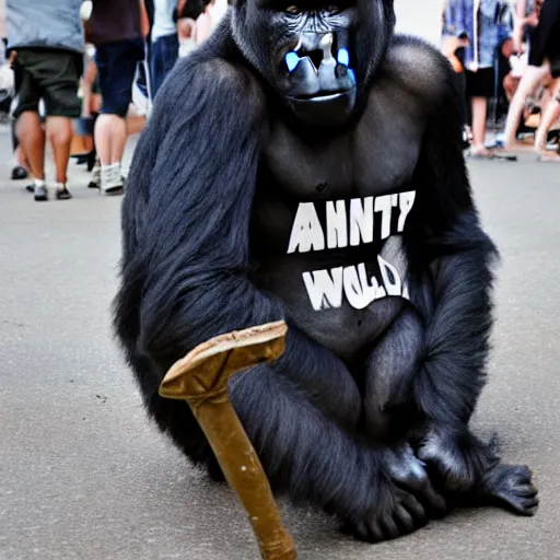 Prompt: A gorilla at an anti-war protest, wearing a kilt