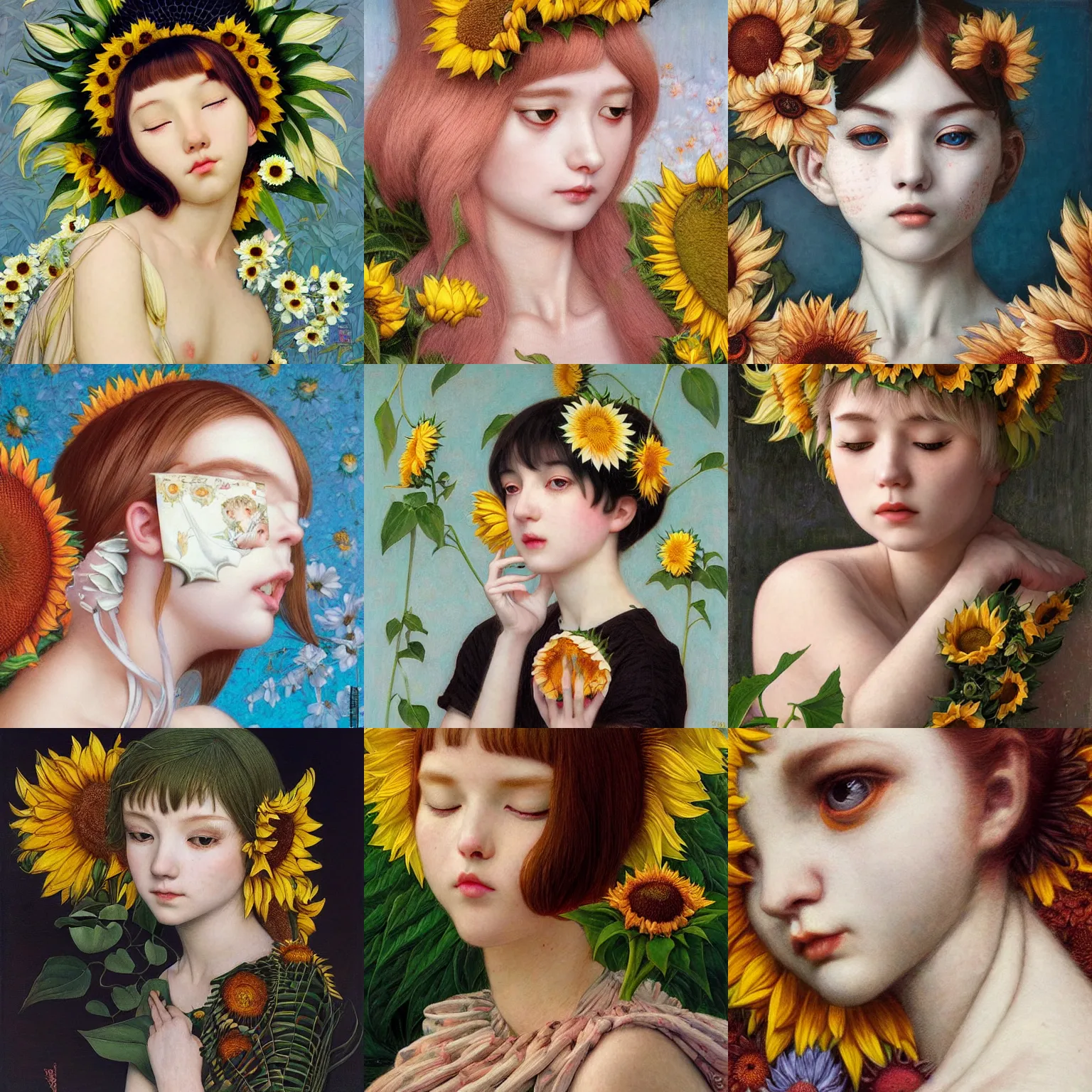 Image similar to white cat girl, botanical, sunflower, portrait face, colorful, frantisek kupka, intricate, miles johnston, kuroda seiki, cynical realism, ozabu, john william godward, painterly, yoshitaka amano, moebius, miles johnston, louise zhang, james jean, mark ryden lowbrow pop surrealism art style