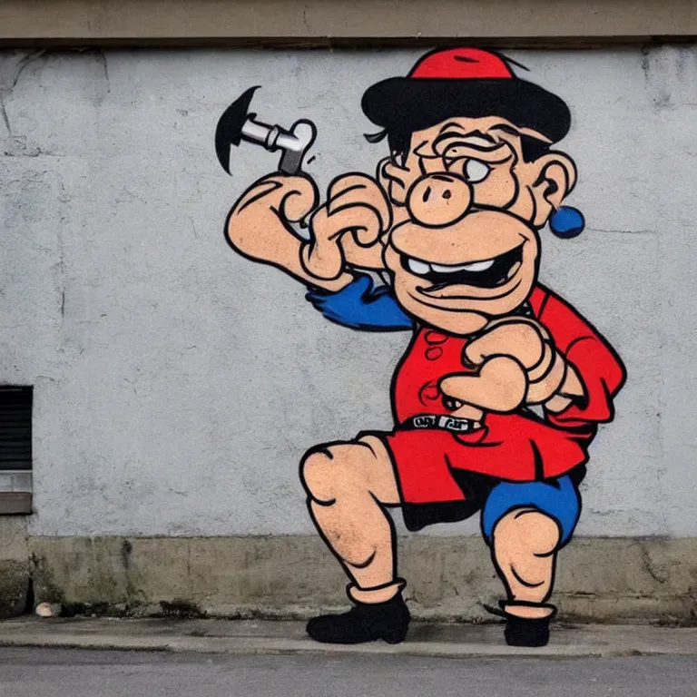 Image similar to Street-art portrait of Popeye the Sailor with the squinting (or entirely missing) right eye, huge forearms with two anchor tattoos, skinny upper arms, and corncob pipe. in style of Banksy, comic character, photorealism