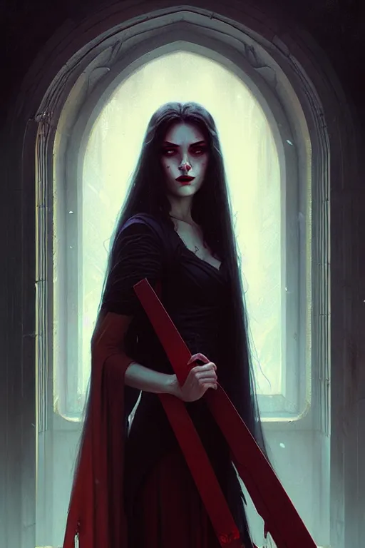 Prompt: young vampire woman portrait by anna podedworna, greg rutkowski, gaston bussiere, simon bisley