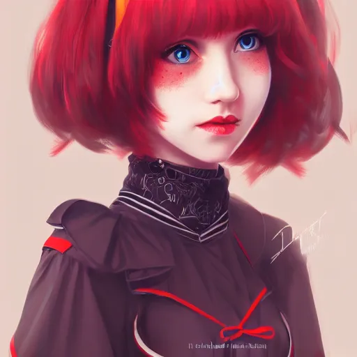 Image similar to a girl wearing lolita clothes, red hair, blue eyes, highly detailed, digital painting, artstation, concept art, smooth, sharp focus, illustration