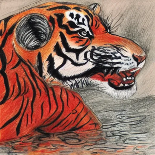 Prompt: drawing of a tiger cubs floating upside down in a pond of black oil, red ballpoint pen, outsider art style