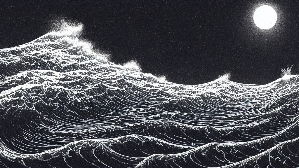 Image similar to highly detailed illustration of high exposure ocean waves at night by moebius, nico delort, oliver vernon, kilian eng, joseph moncada, damon soule, manabu ikeda, kyle hotz, dan mumford, otomo, 4 k resolution