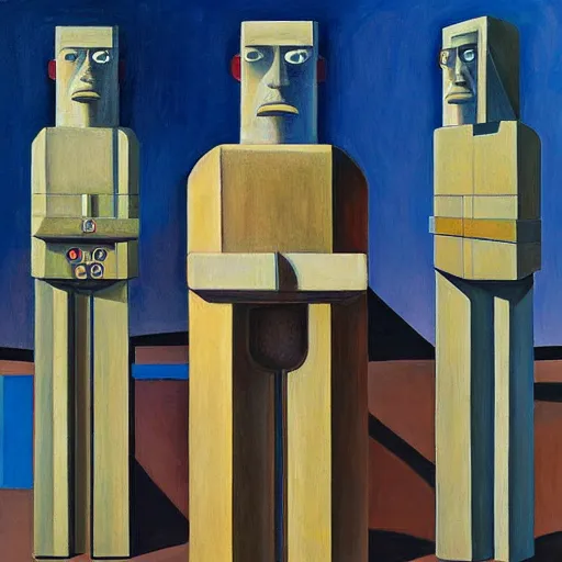 Image similar to three brutalist giant sacred robots visage, portrait, cathedral, dystopian, pj crook, edward hopper, oil on canvas