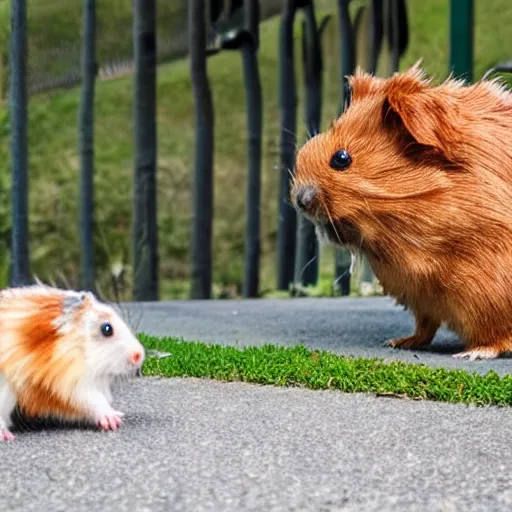 Prompt: a scared dog staring at a giant hamster in front of him at the park