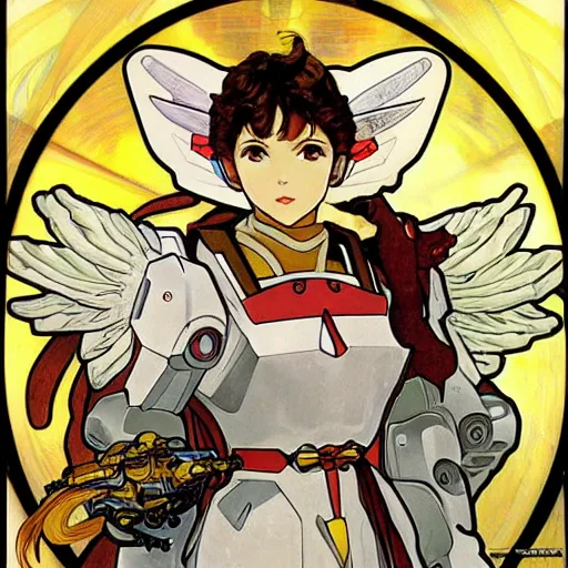 Prompt: anime manga mecha gundam robot astronaught with angel wings portrait by Alphonse Mucha art nuevou