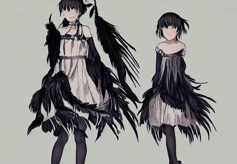 Image similar to little girl with a short white haircut wearing a dress made of black feathers, artwork in the anime style, dark, anatomically perfect