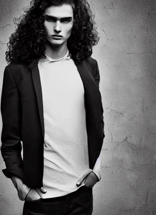 Image similar to a male model in black designer clothes ; long curly hair ; high fashion ; editorial look ; unreal engine